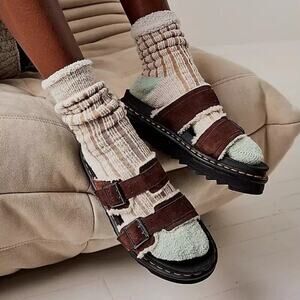 Dr. Martens Myles Suede Fur Lined Buckle Slide Sandals Dark Brown Size 10